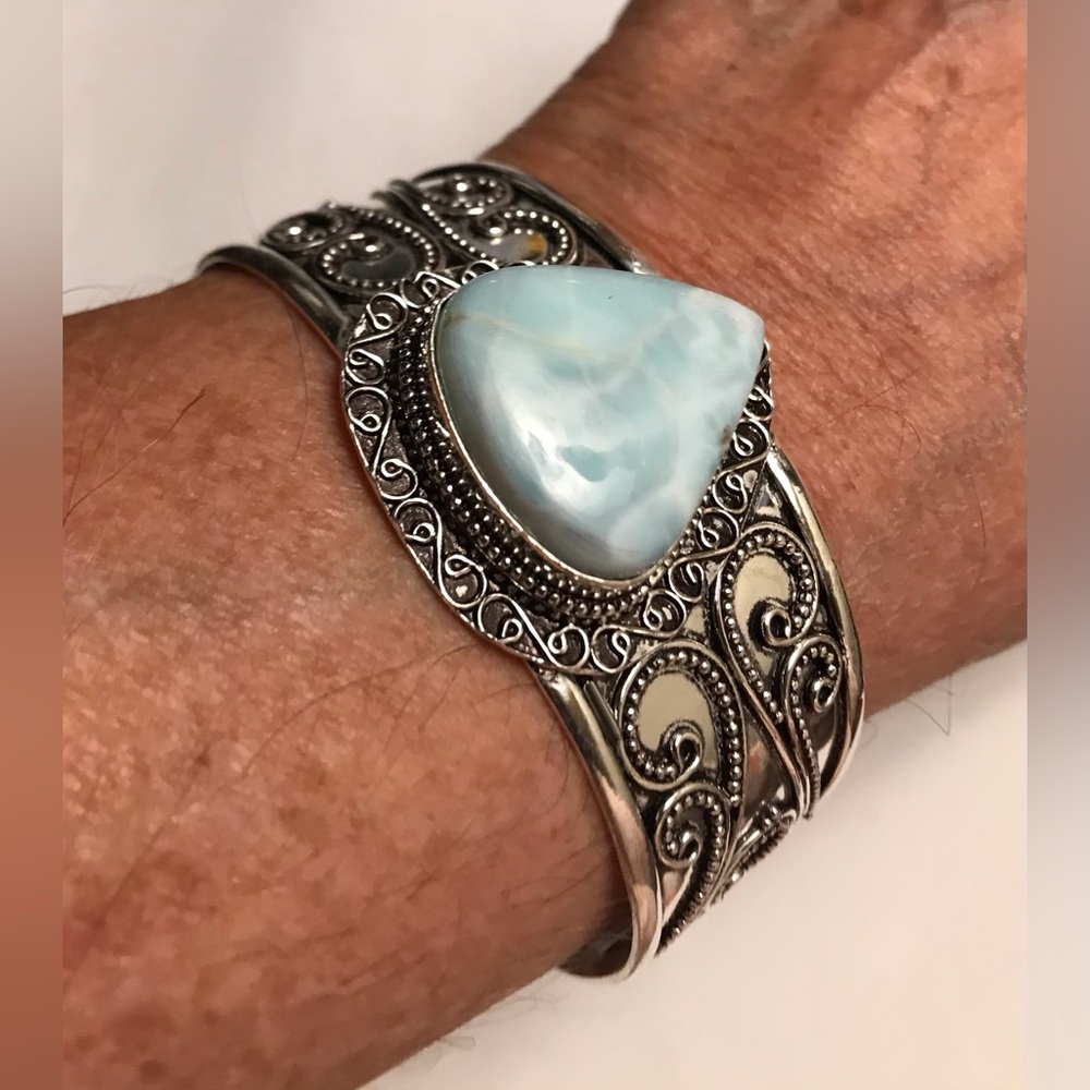 Larimar Stamped Solid 925 Sterling Silver Cuff Bracelet